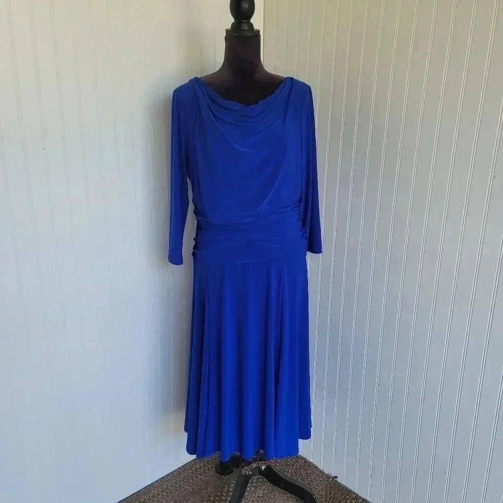 Chaps Long Sleeve Blue Midi Dress Women's Stretch Ruched Hips Waterfall Neck XL